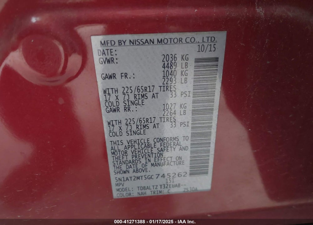 2016 NISSAN ROGUE S/SL/SV VIN: 5N1AT2MT5GC745262