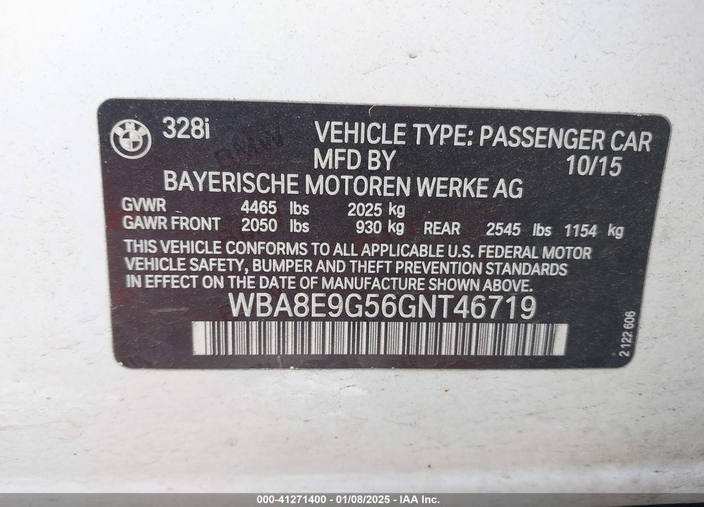 2016 BMW 328I VIN: WBA8E9G56GNT46719