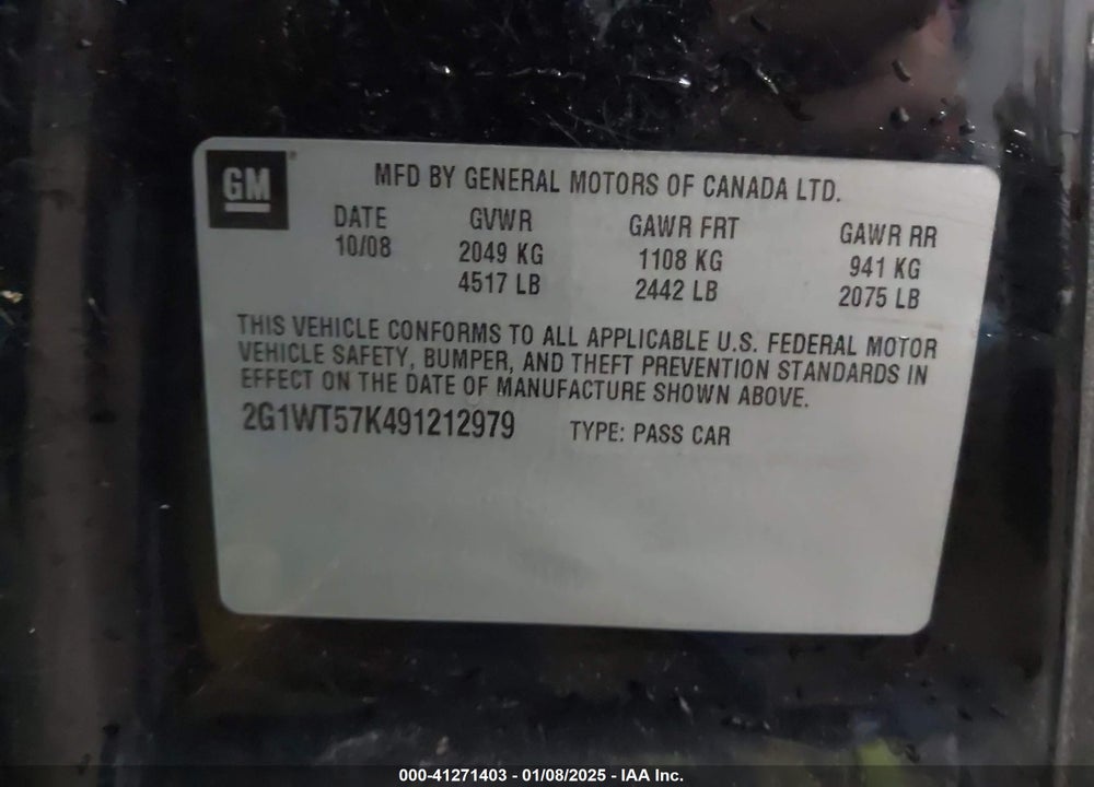 2009 CHEVROLET IMPALA LT VIN: 2G1WT57K491212979