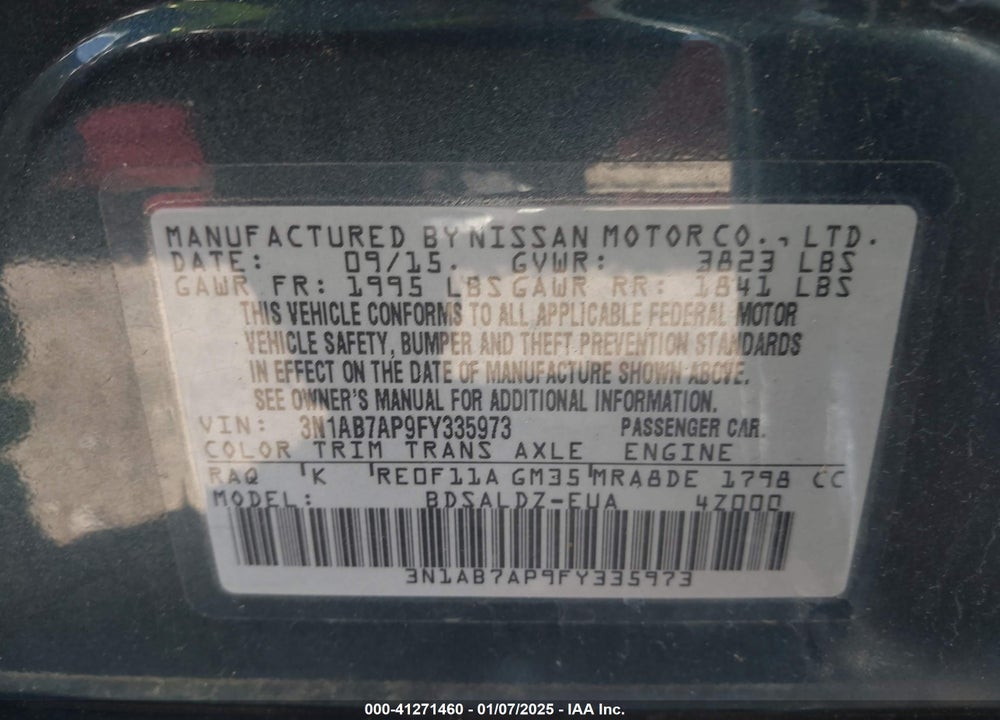 2015 NISSAN SENTRA VIN: 3N1AB7AP9FY335973