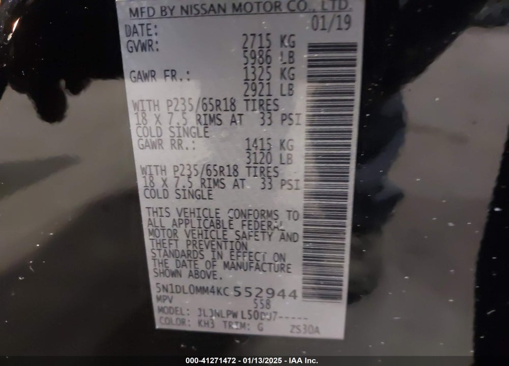 2019 INFINITI QX60 PURE VIN: 5N1DL0MM4KC552944