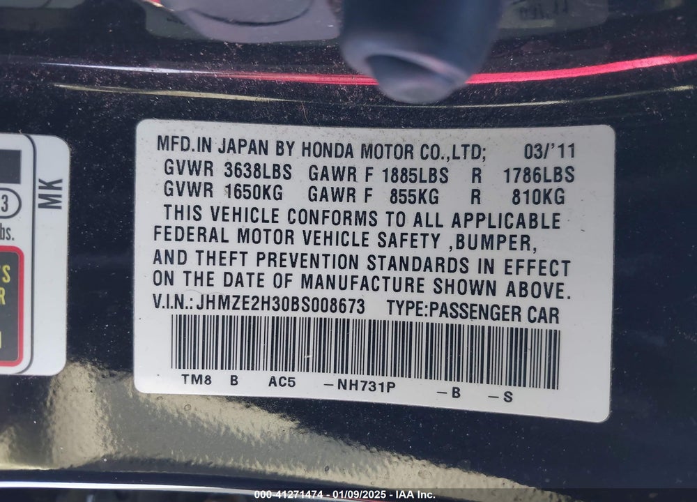 2011 HONDA INSIGHT VIN: JHMZE2H30BS008673