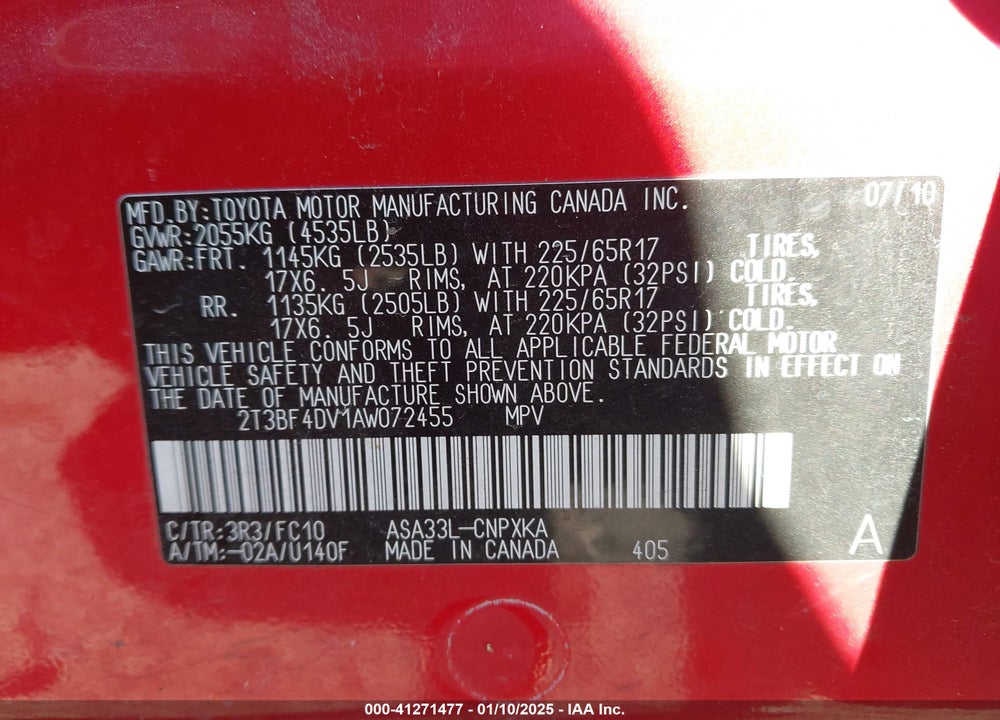 2010 TOYOTA RAV4 VIN: 2T3BF4DV1AW072455