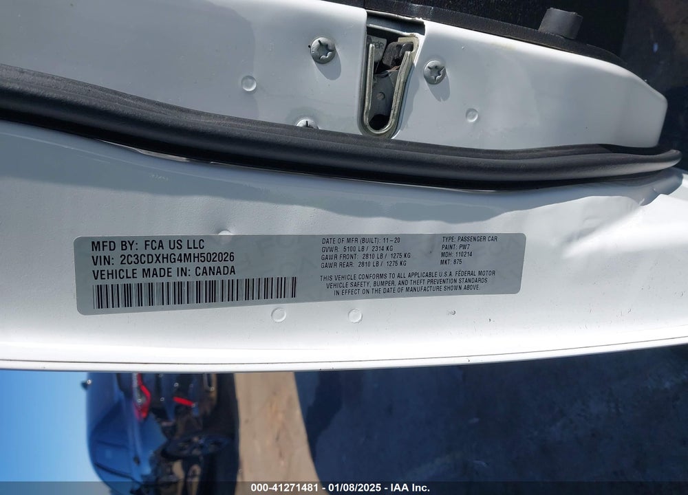 2021 DODGE CHARGER VIN: 2C3CDXHG4MH502026