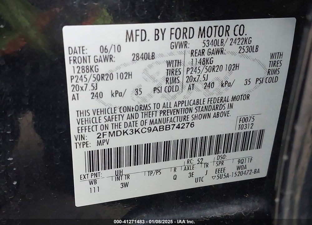 2010 FORD EDGE LIMITED VIN: 2FMDK3KC9ABB74276