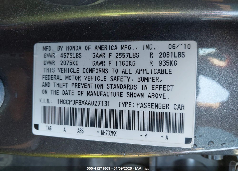 2010 HONDA ACCORD VIN: 1HGCP3F8XAA027131
