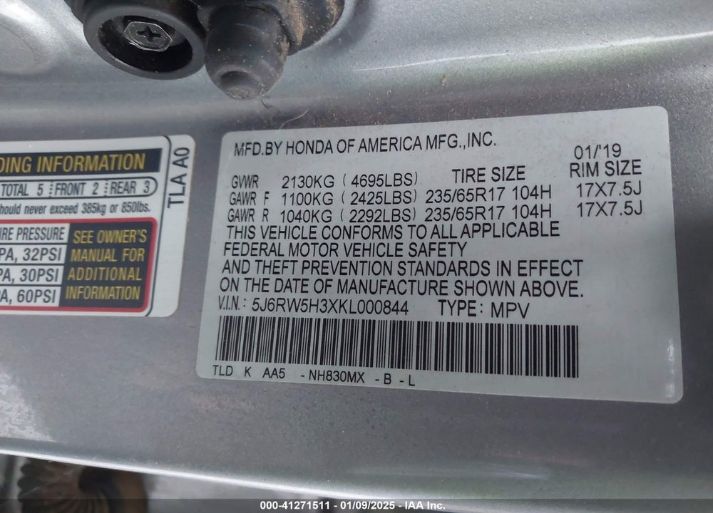 2019 HONDA CR-V LX VIN: 5J6RW5H3XKL000844