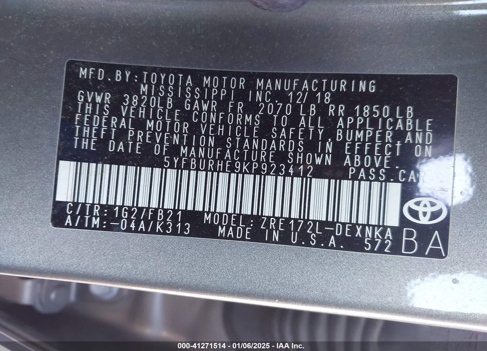 2019 TOYOTA COROLLA VIN: 5YFBURHE9KP923412