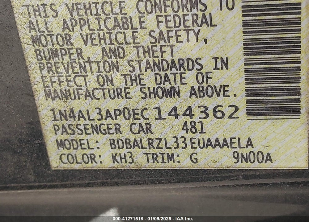 2014 NISSAN ALTIMA 2.5/S/SV/SL VIN: 1N4AL3AP0EC144362