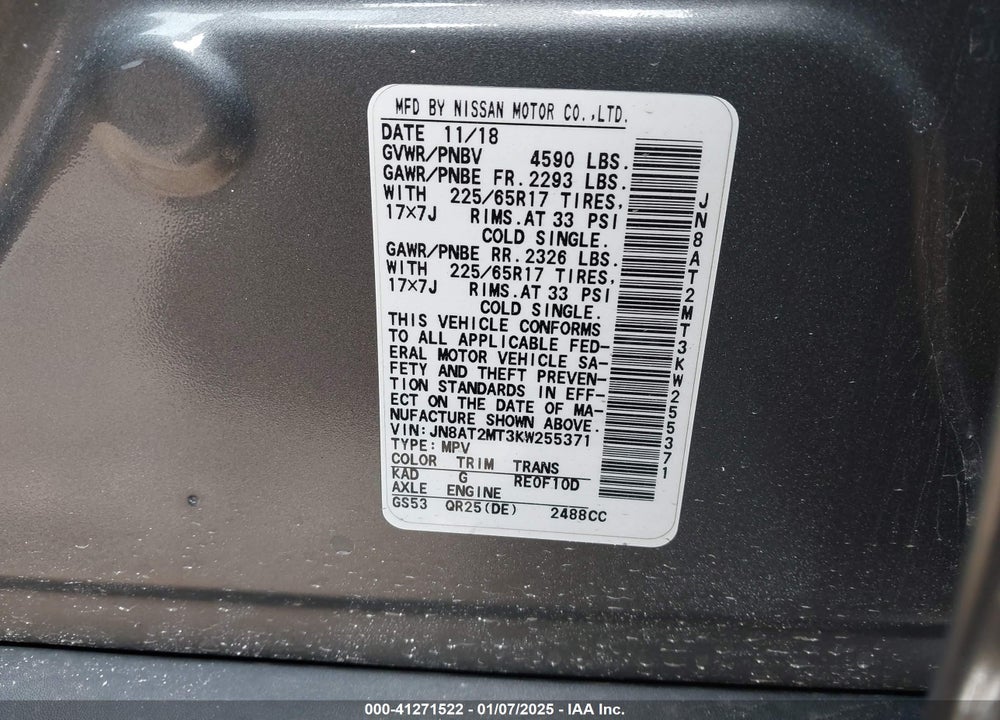 2019 NISSAN ROGUE SV VIN: JN8AT2MT3KW255371