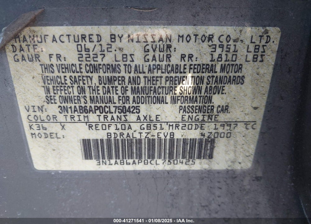 2012 NISSAN SENTRA 2.0 S VIN: 3N1AB6AP0CL750425