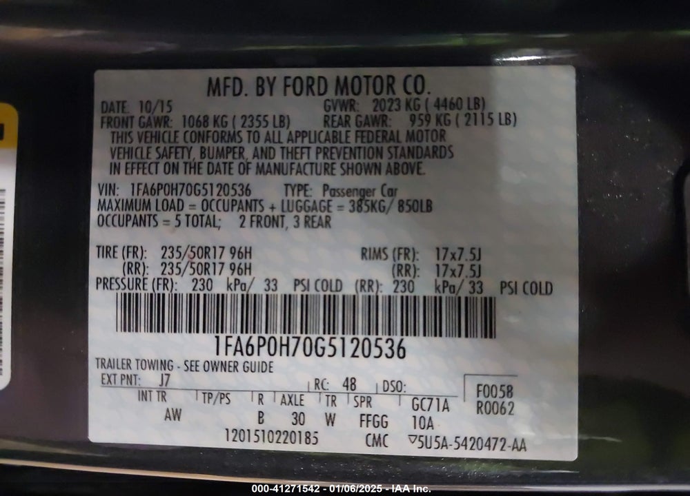 2016 FORD FUSION VIN: 1FA6P0H70G5120536
