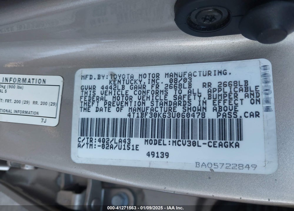 2003 TOYOTA CAMRY XLE V6 VIN: 4T1BF30K63U060478