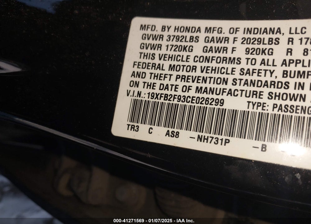 2012 HONDA CIVIC VIN: 19XFB2F93CE026299