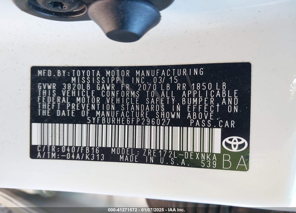 2015 TOYOTA COROLLA LE VIN: 5YFBURHE6FP296027