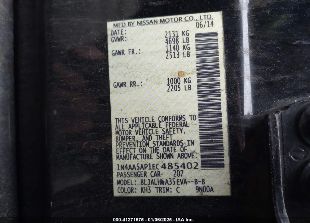 2014 NISSAN MAXIMA VIN: 1N4AA5AP1EC485402