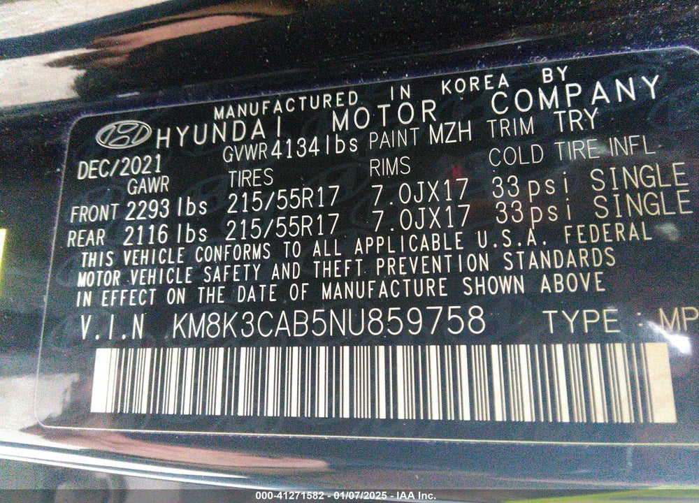 2022 HYUNDAI KONA SEL VIN: KM8K3CAB5NU859758