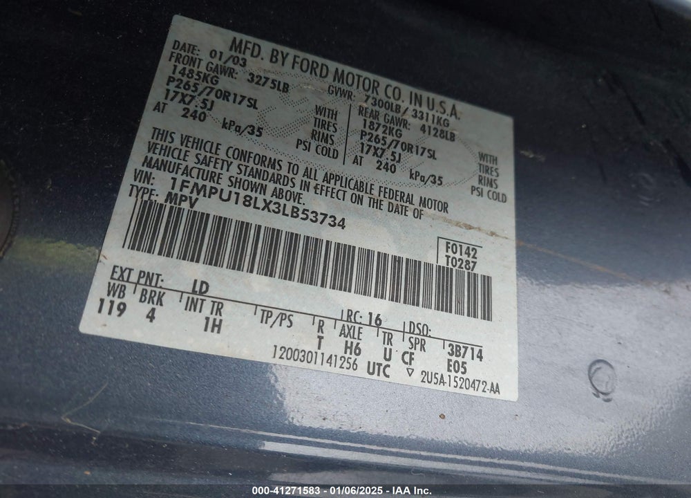 2003 FORD EXPEDITION EDDIE BAUER VIN: 1FMPU18LX3LB53734