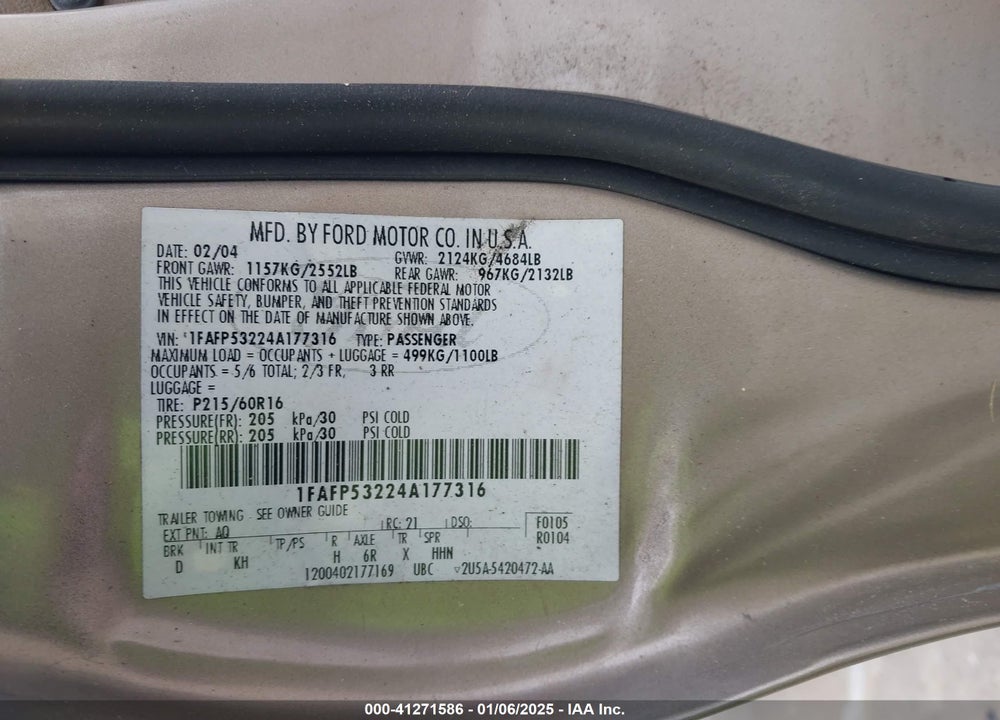 2004 FORD TAURUS SE VIN: 1FAFP53224A177316