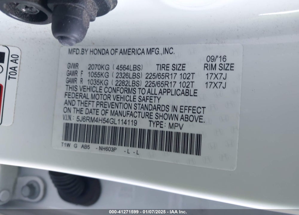 2016 HONDA CR-V EX VIN: 5J6RM4H54GL114119
