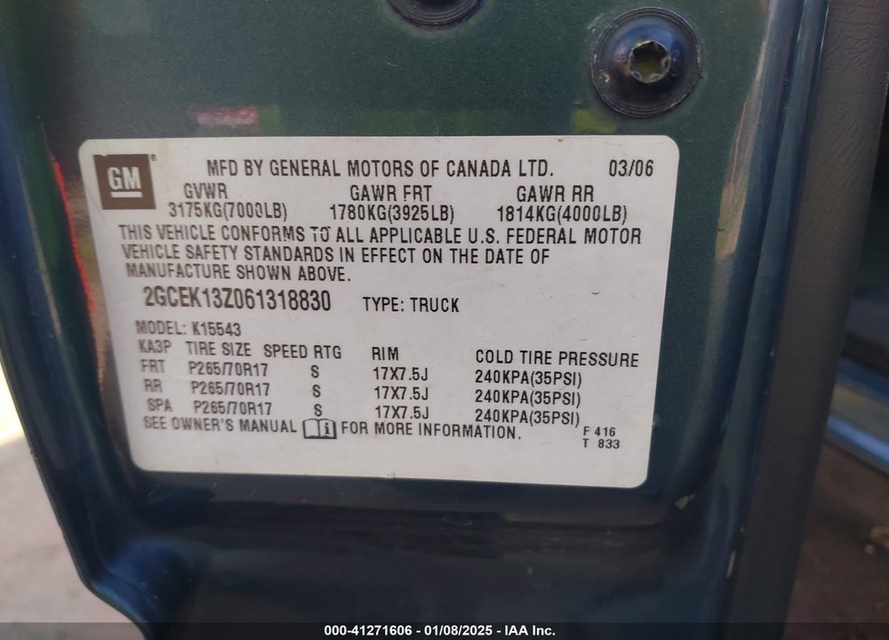 2006 CHEVROLET SILVERADO 1500 LT3 VIN: 2GCEK13Z061318830