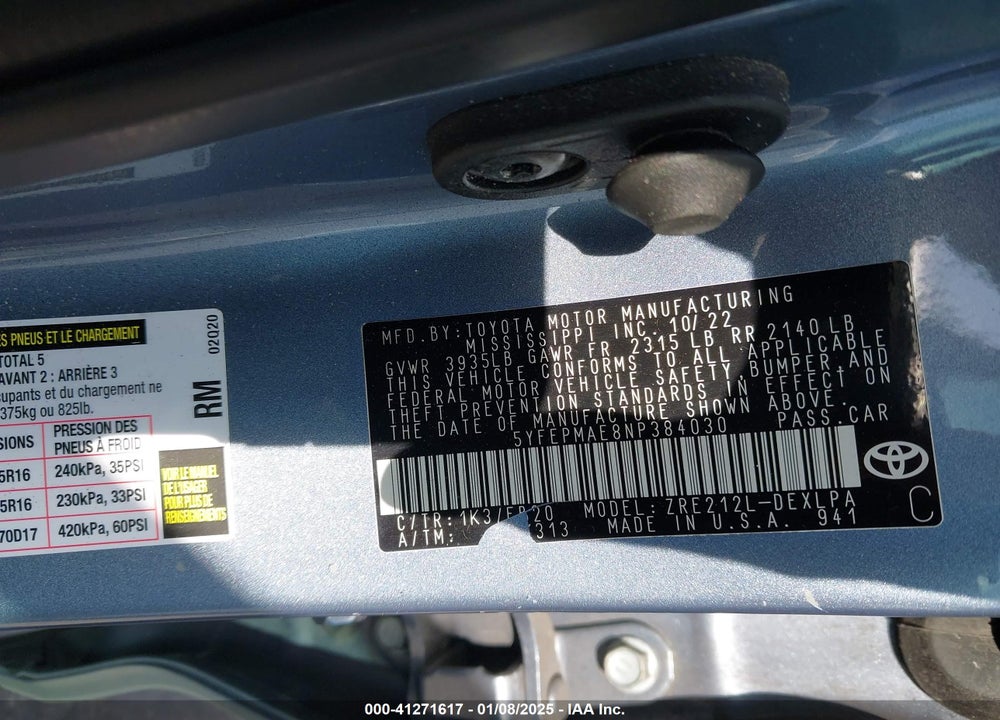 2022 TOYOTA COROLLA LE VIN: 5YFEPMAE8NP384030