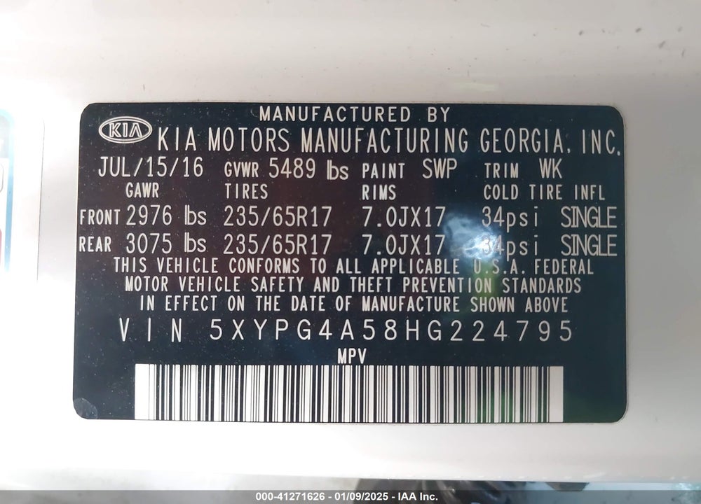 2017 KIA SORENTO 3.3L LX VIN: 5XYPG4A58HG224795