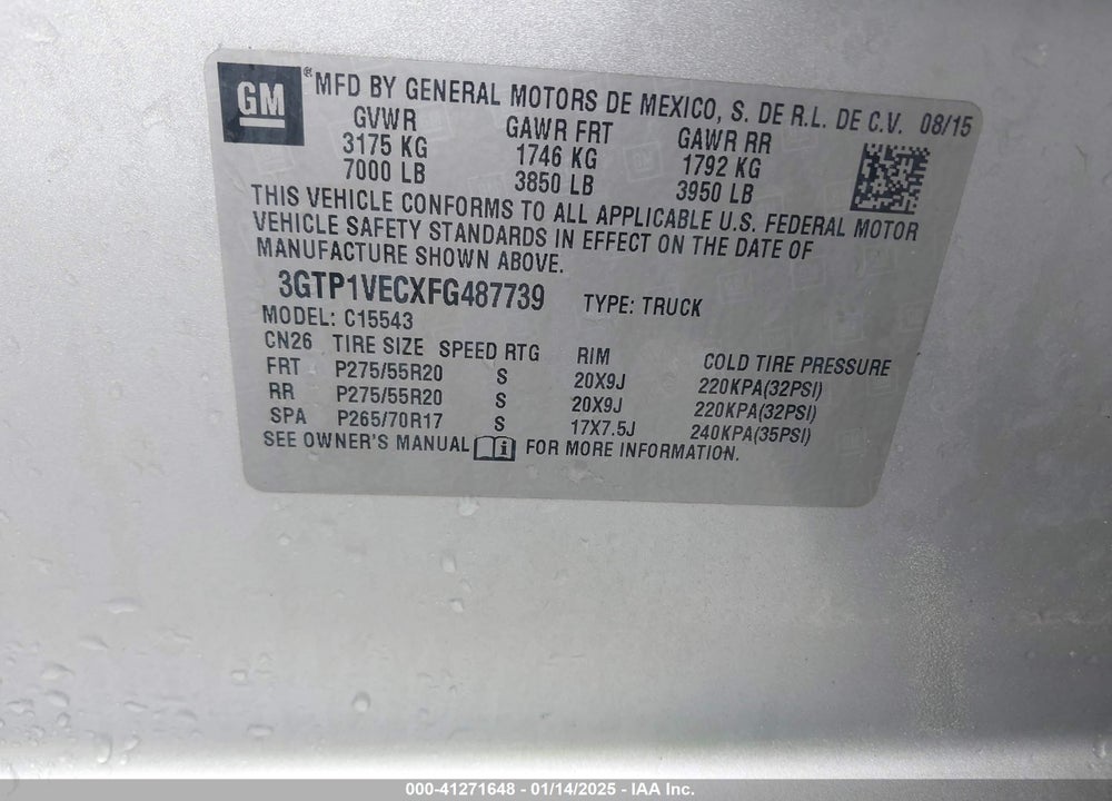 2015 GMC SIERRA 1500 VIN: 3GTP1VECXFG487739