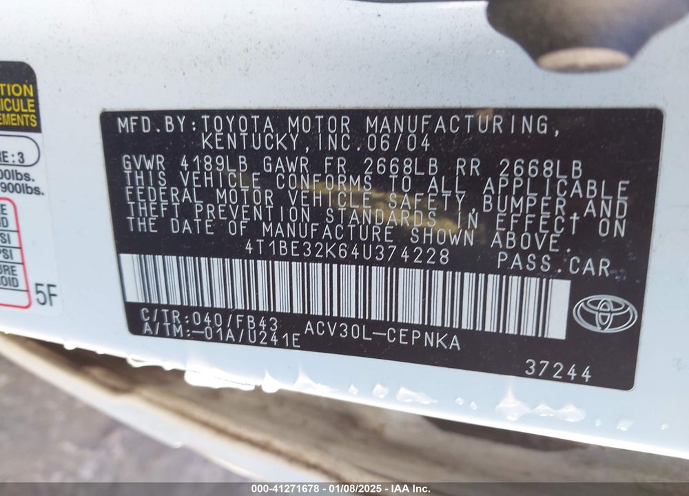 2004 TOYOTA CAMRY LE VIN: 4T1BE32K64U374228
