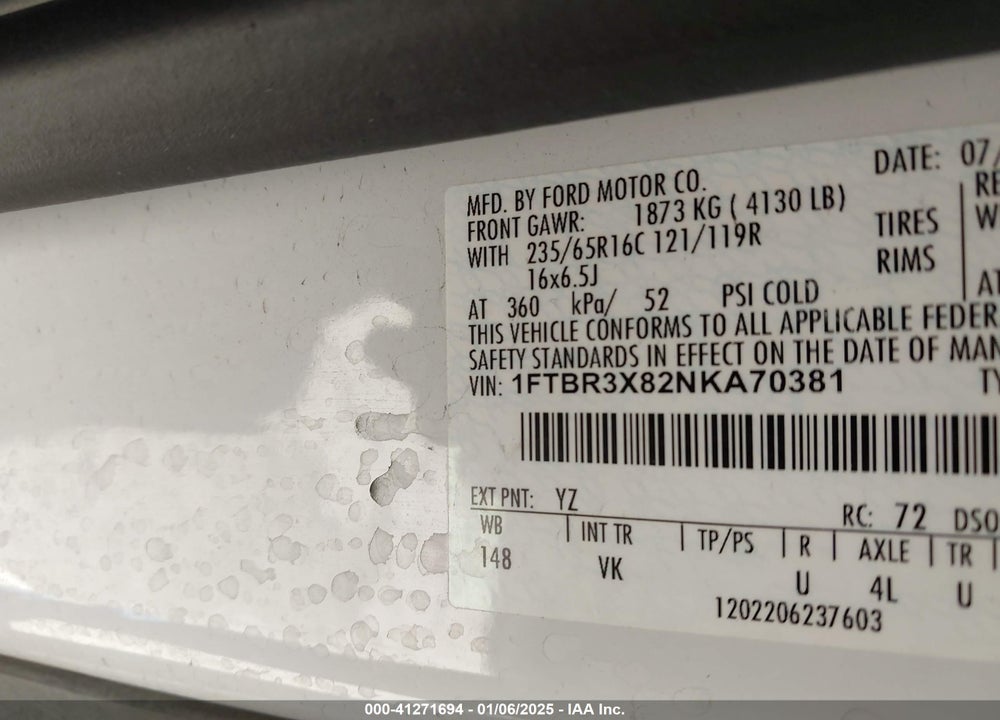 2022 FORD TRANSIT-250 CARGO VAN VIN: 1FTBR3X82NKA70381