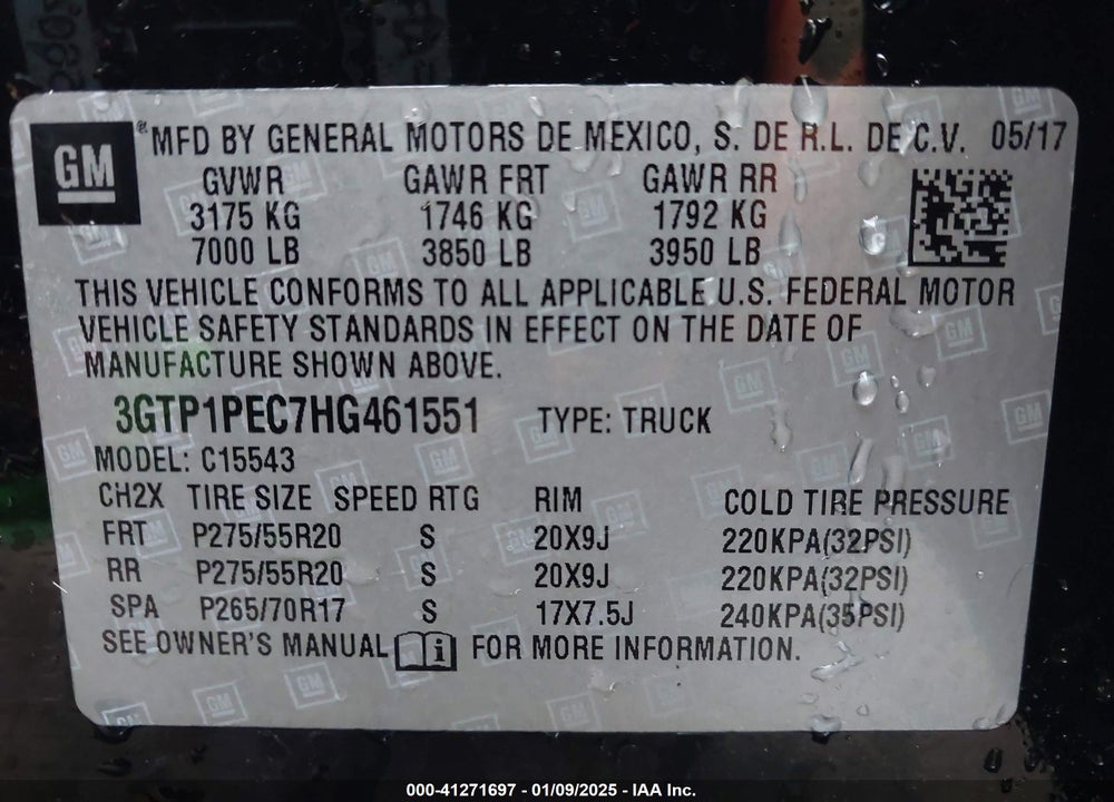 2017 GMC SIERRA VIN: 3GTP1PEC7HG461551