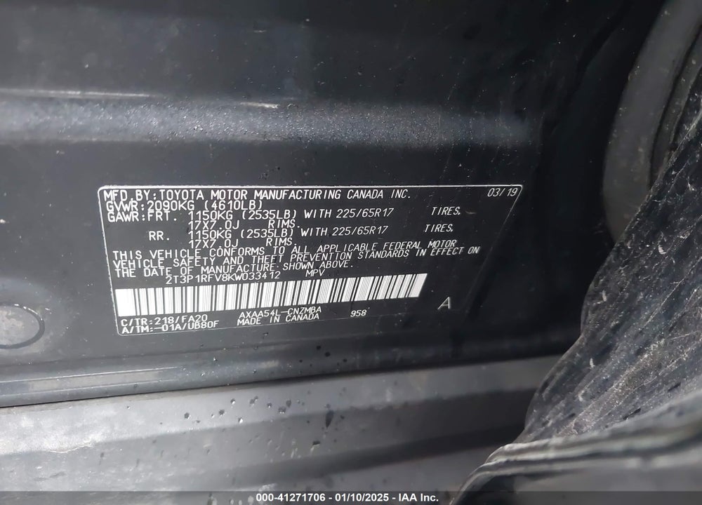 2019 TOYOTA RAV4 XLE VIN: 2T3P1RFV8KW033412