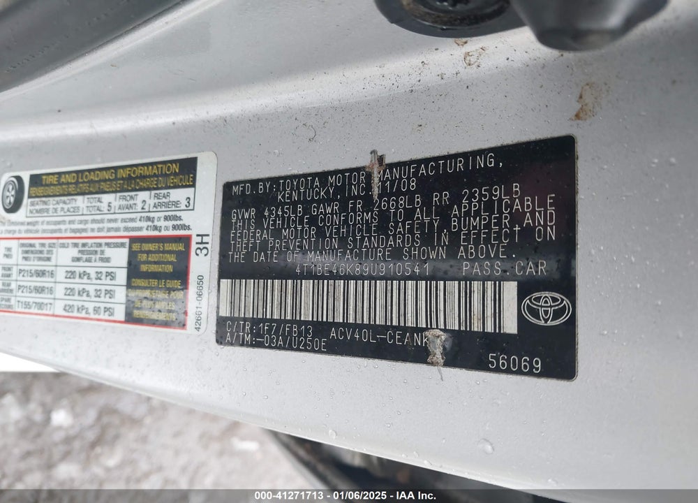 2009 TOYOTA CAMRY VIN: 4T1BE46K89U910541