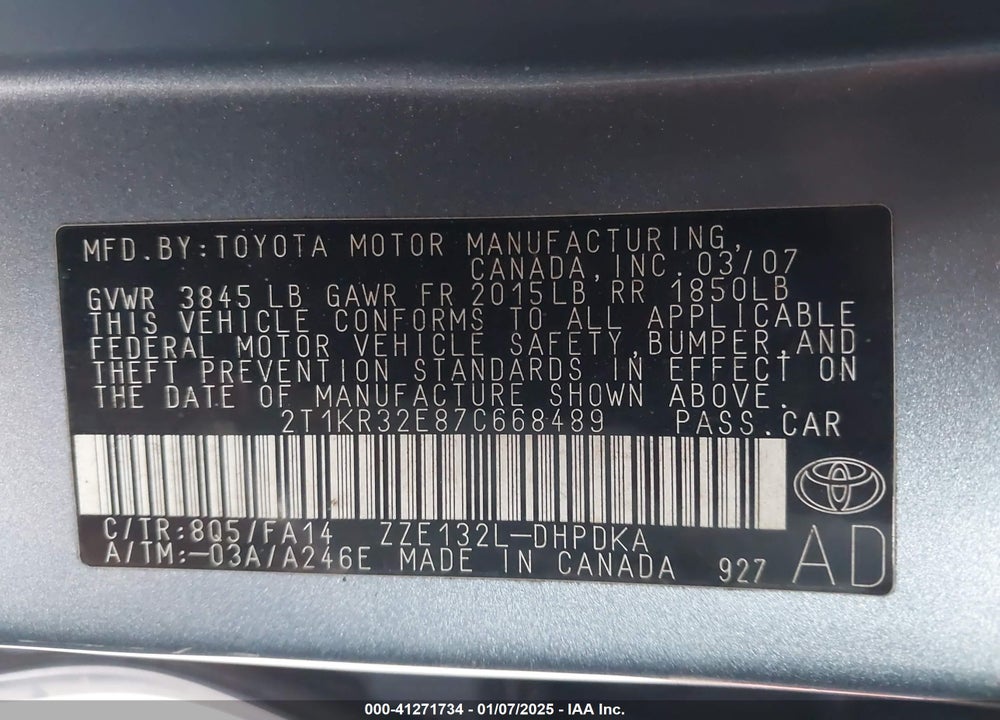 2007 TOYOTA MATRIX VIN: 2T1KR32E87C668489