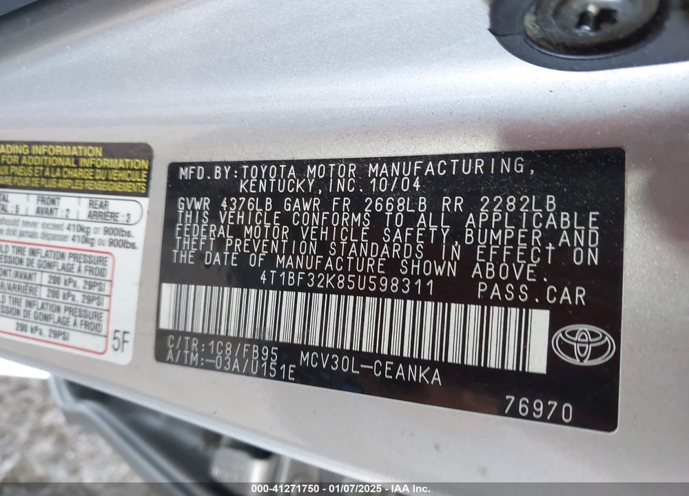 2005 TOYOTA CAMRY LE V6 VIN: 4T1BF32K85U598311