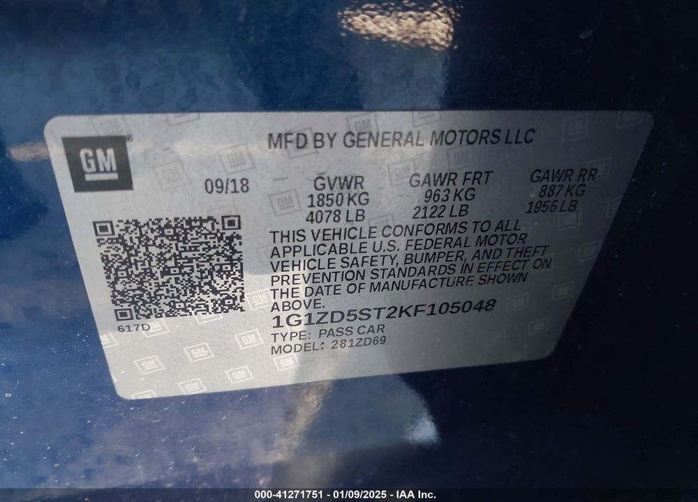 2019 CHEVROLET MALIBU LT VIN: 1G1ZD5ST2KF105048