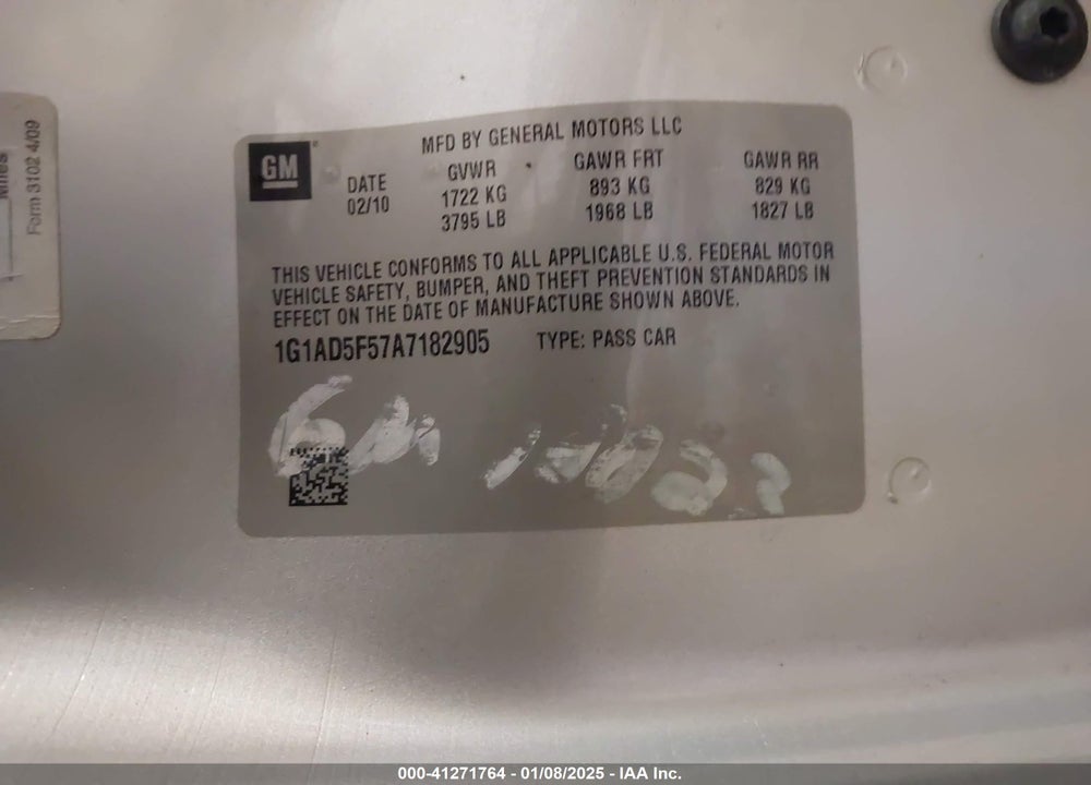 2010 CHEVROLET COBALT LT VIN: 1G1AD5F57A7182905