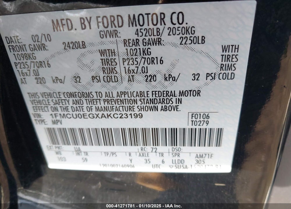 2010 FORD ESCAPE LIMITED VIN: 1FMCU0EGXAKC23199
