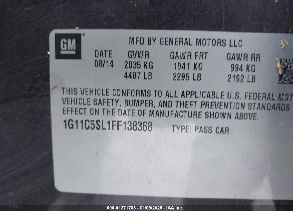 2015 CHEVROLET MALIBU VIN: 1G11C5SL1FF138368