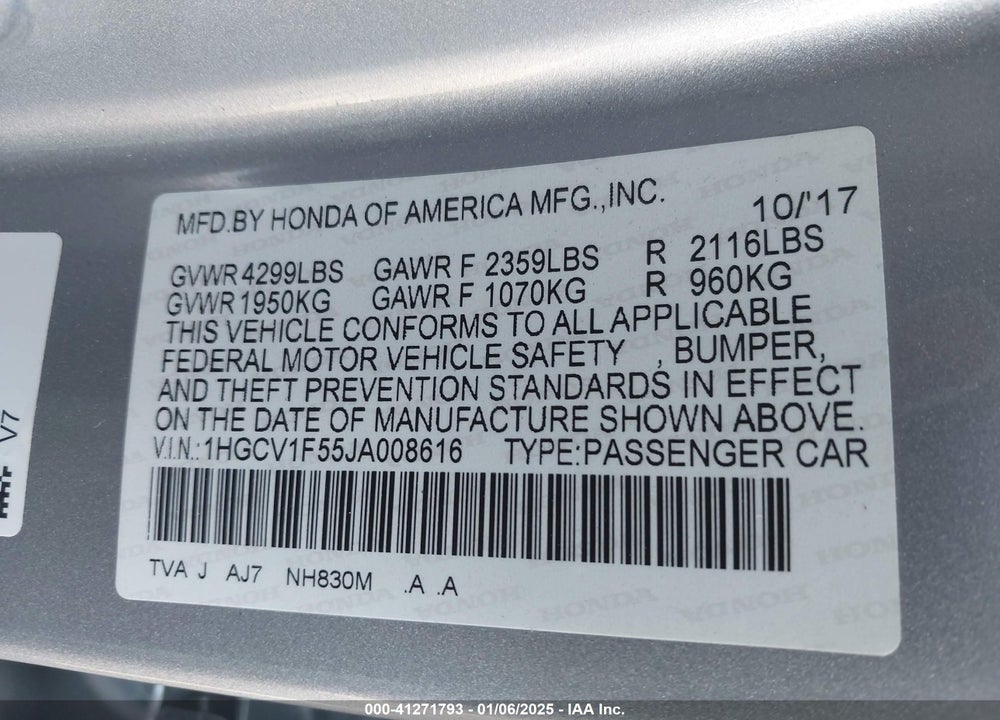 2018 HONDA ACCORD VIN: 1HGCV1F55JA008616
