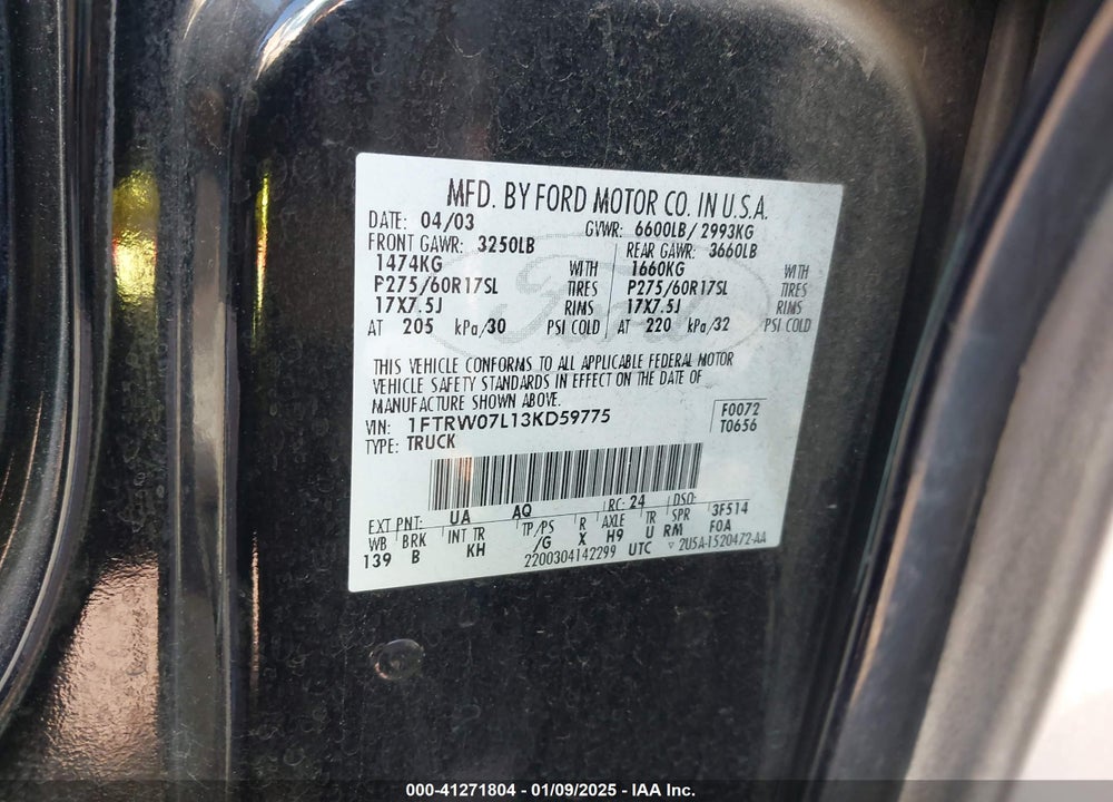 2003 FORD F-150 LARIAT/XLT VIN: 1FTRW07L13KD59775