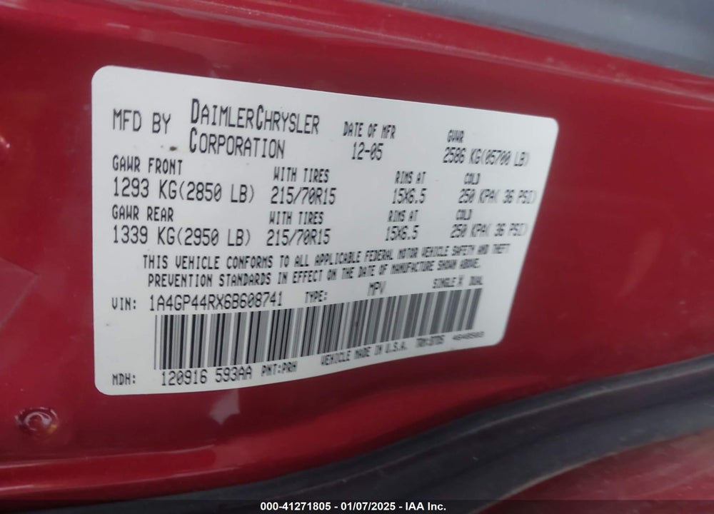 2006 CHRYSLER TOWN & COUNTRY LX VIN: 1A4GP44RX6B608741