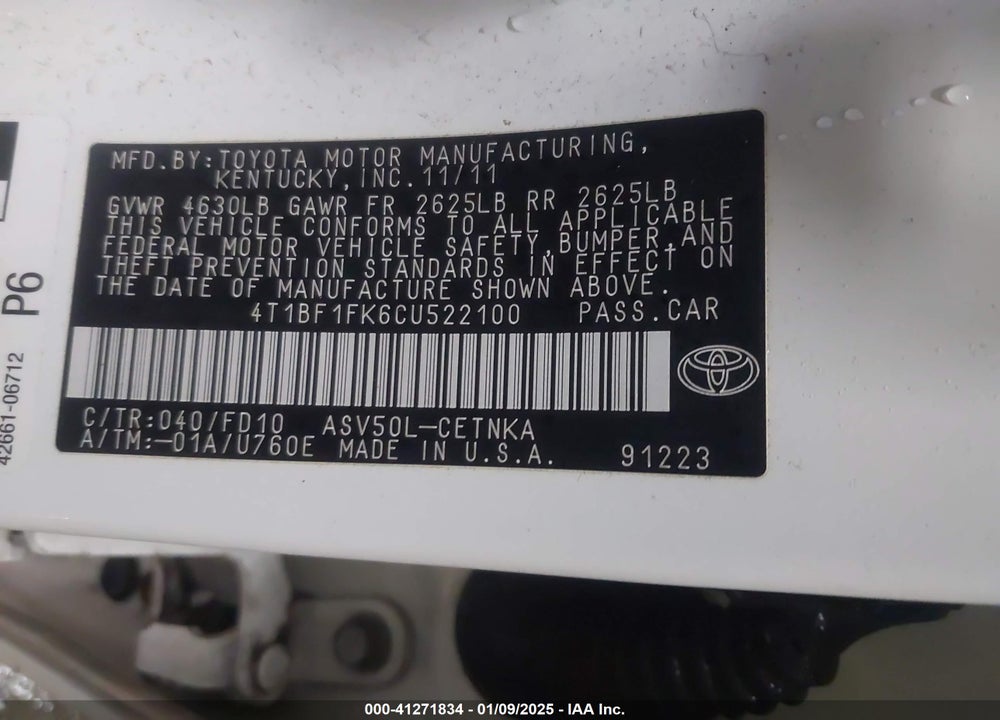 2012 TOYOTA CAMRY LE VIN: 4T1BF1FK6CU522100