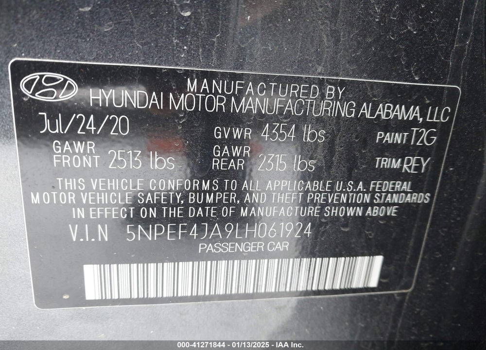 2020 HYUNDAI SONATA VIN: 5NPEF4JA9LH061924