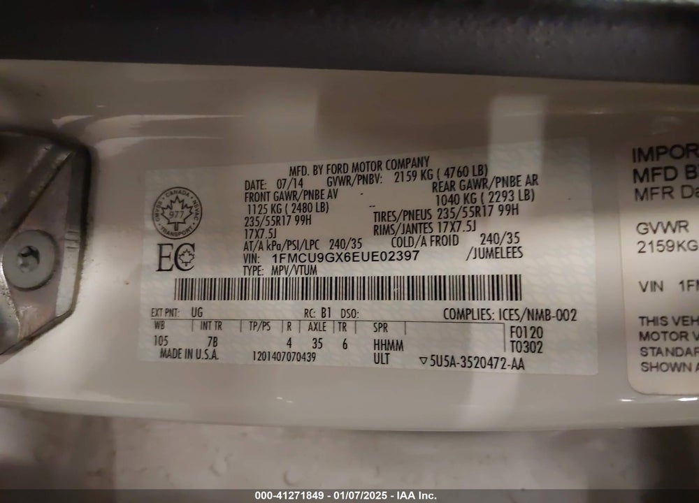 2014 FORD ESCAPE SE VIN: 1FMCU9GX6EUE02397