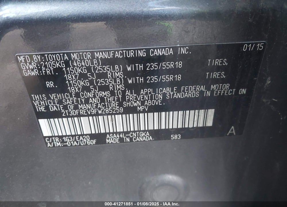 2015 TOYOTA RAV4 LIMITED VIN: 2T3DFREV9FW285259