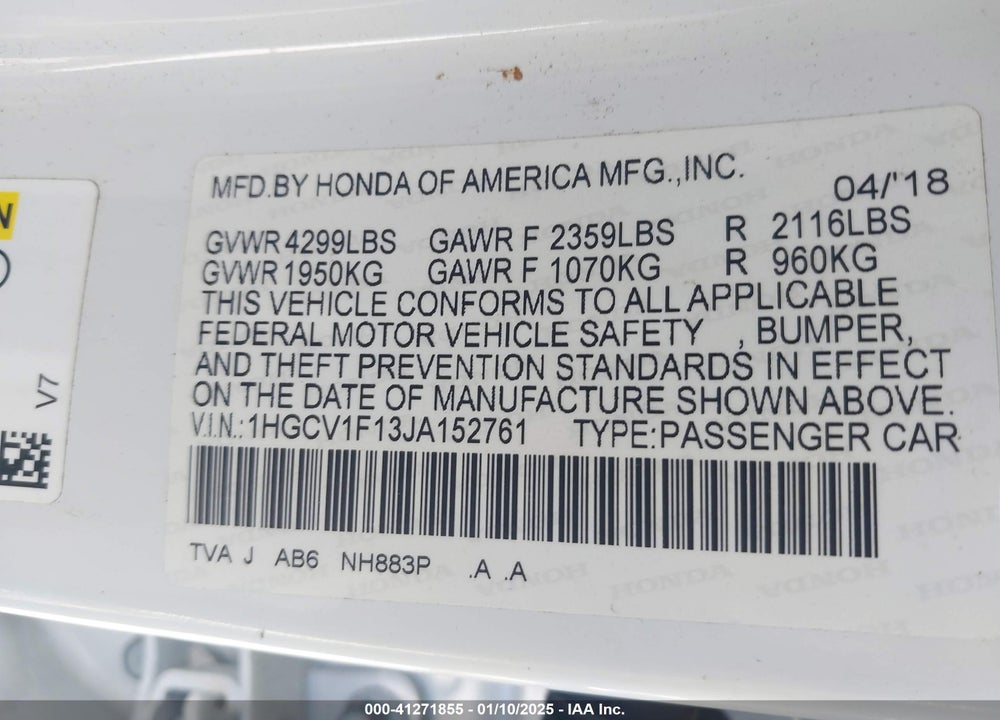 2018 HONDA ACCORD VIN: 1HGCV1F13JA152761