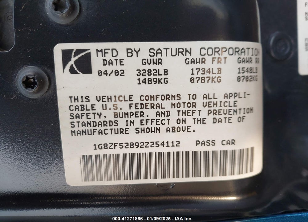 2002 SATURN S-SERIES SL VIN: 1G8ZF52892Z254112