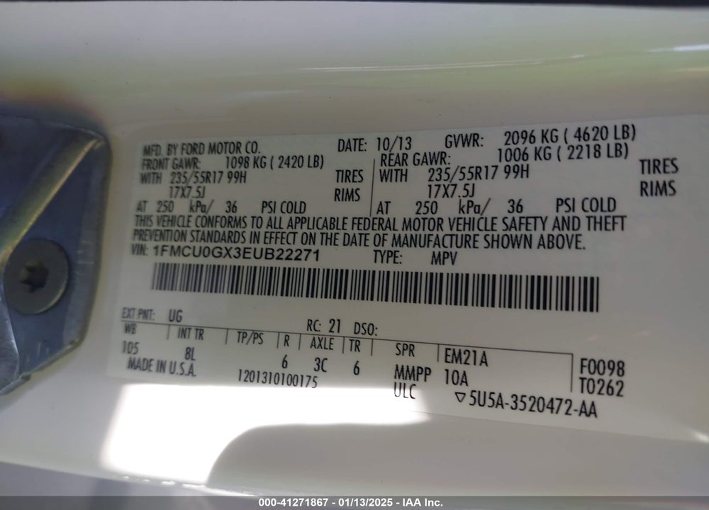 2014 FORD ESCAPE SE VIN: 1FMCU0GX3EUB22271