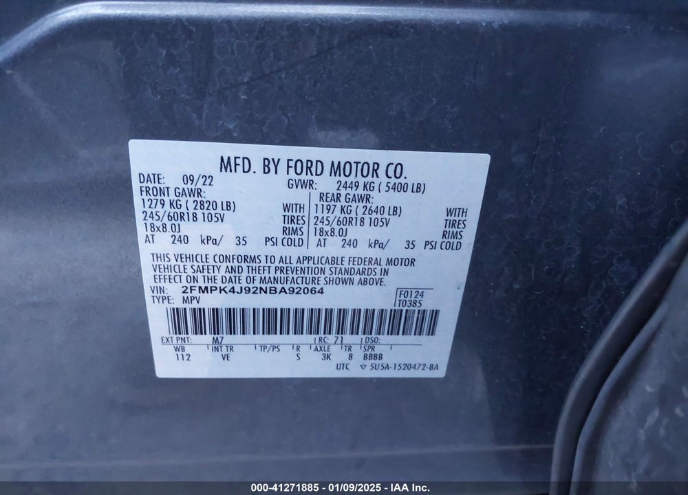2022 FORD EDGE SEL VIN: 2FMPK4J92NBA92064
